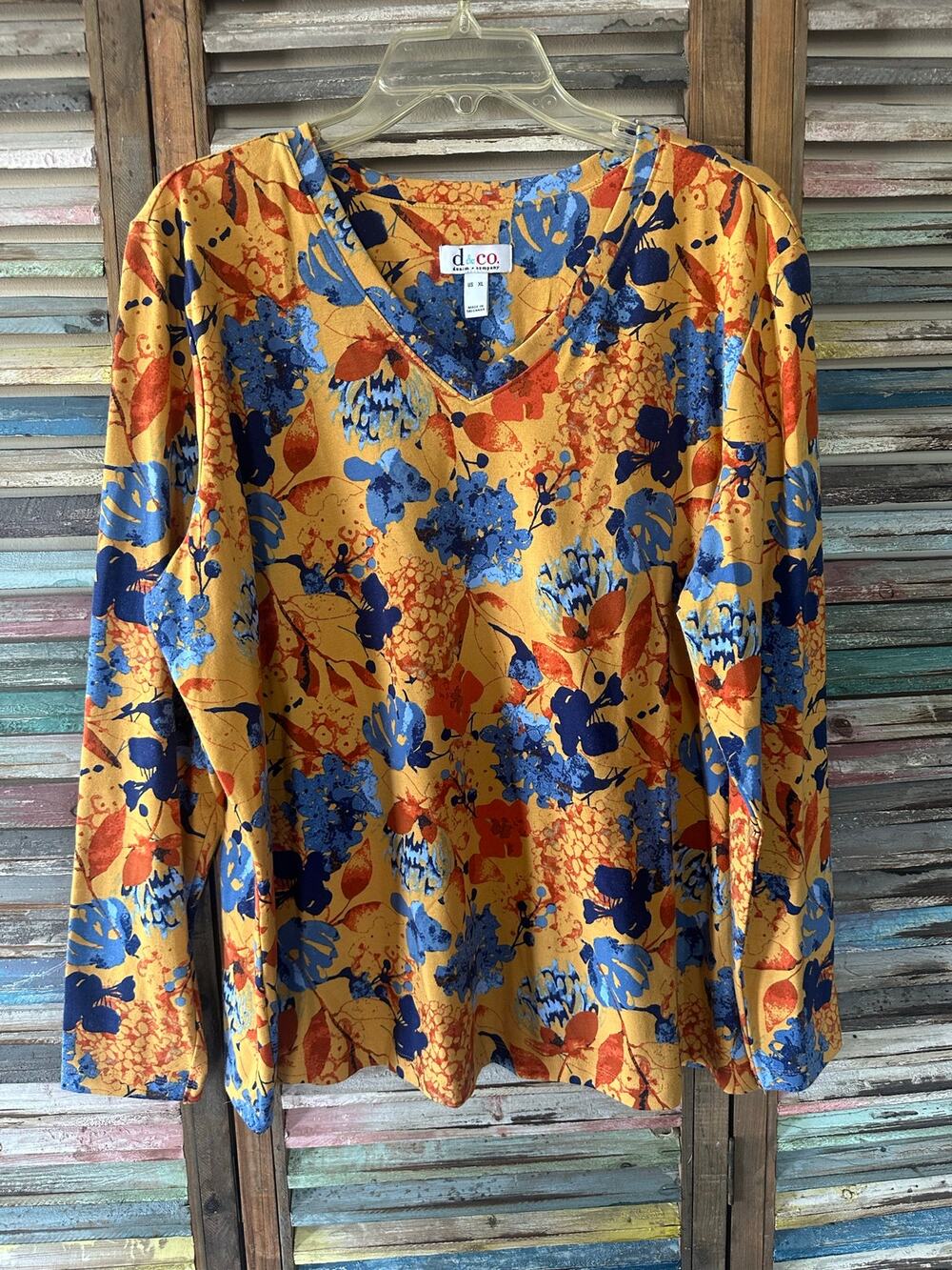 Denim & Co Gold Blue Floral Top XL Fall Stretch